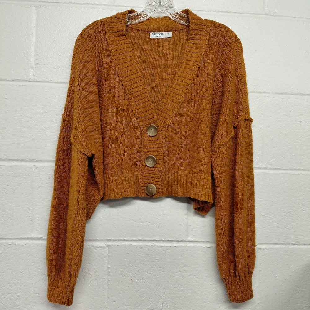 Arizona Jean Co Women Oversized Sz M Mustard Yellow Button Cardigan Cropped Knit